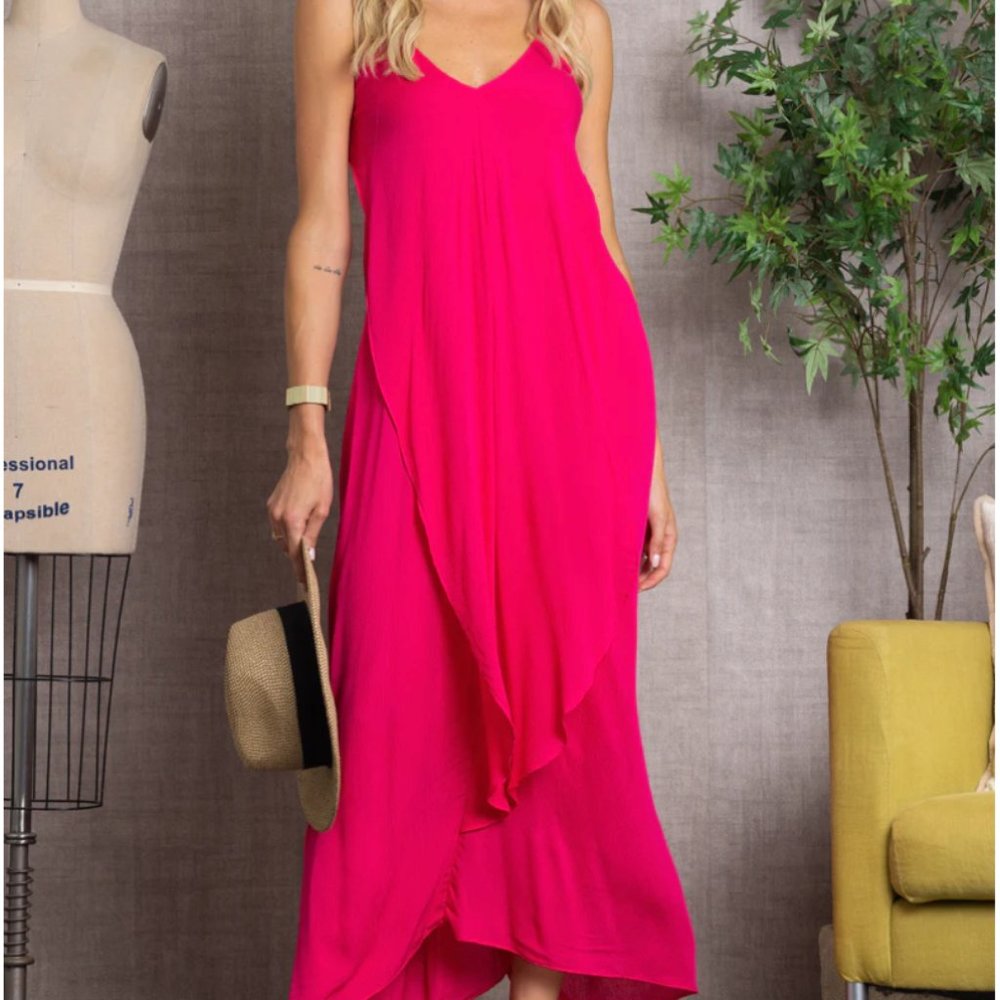 💓HOT PINK V-NECK RUFFLED MAXI DRESS